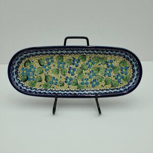 Polish Pottery Unikat Blue Floral Appetizer Tray 248 ART Oblong Relish Tray